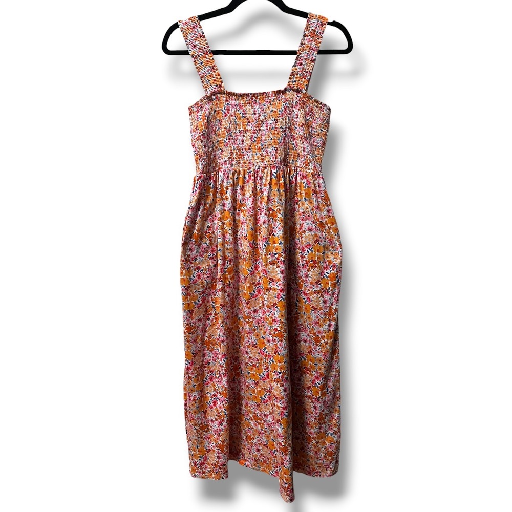 Old Navy Fit & Flare Smocked Midi Dress Multi Floral L Cotton Cottagecore Boho - Picture 2 of 11